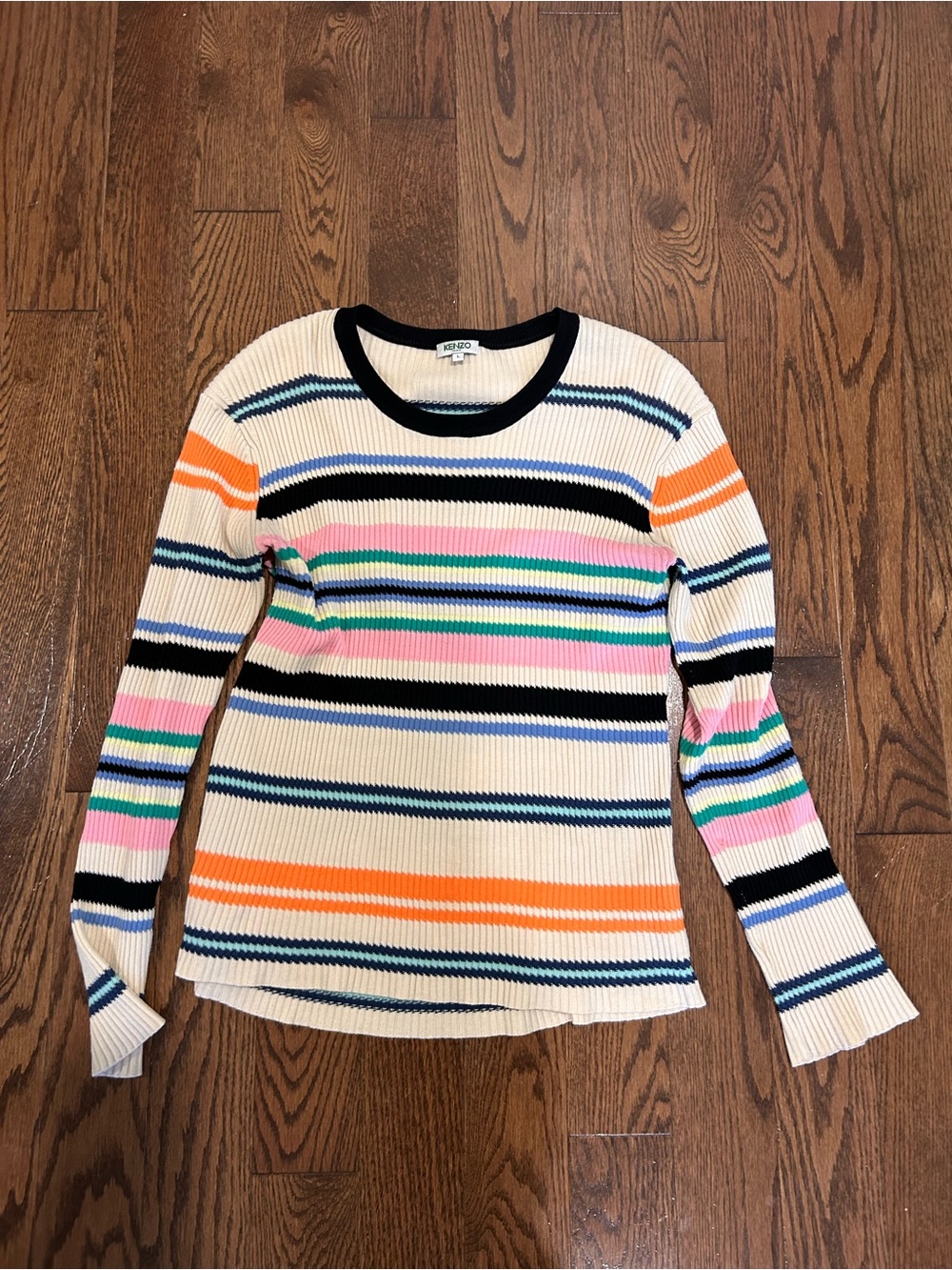 Kenzo Cream Ribbed Crewneck Sweater with Multicolor Stripes